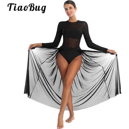 TiaoBug Women Girl Mesh Skirted Ballet Dress Dancewear Long Sleeve Gymnastics Leotard Adult Contemporary Lyrical Dance Costumes