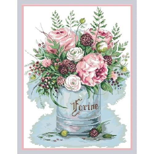 Iron Barrel Rose Embroidery Kits Cross Stitch Needlework Sets Printed Fabric 11CT 14CT Diy Sewing Craft Home Decoration Painting