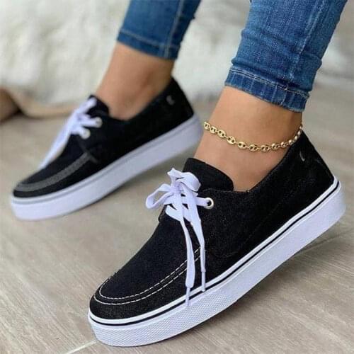 Women Denim Canvas Lace Up Vulcanized Female Sewing Round Toe Retro Sneakers Ladies Sport Shoes Casual Footwear Plus Size 43