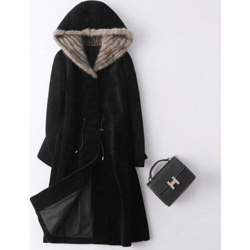 Female Coat Real Fur Natural Mink Fur Hooded Jacket Women Winter Clothes 2020 Korean Vintage Sheep Shearing 100% Wool Tops 19586