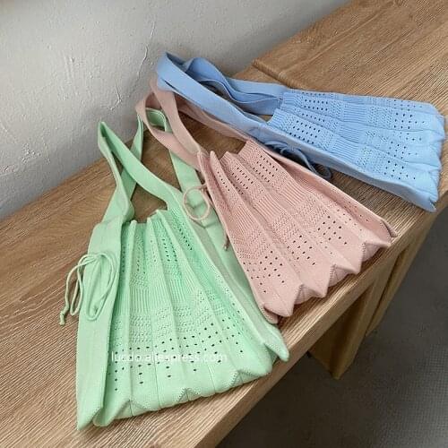 Knitted Hollow Mesh Wrinkle Simple Handbag Japan and South Korea Ins Women Fashion Cloth Shoulder Bags Bucket Tote Female Purse
