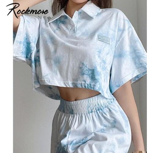 Rockmore Tie Dye Print Short Sleeve Cropped T-shirt Women Y2K Summer Crop Top Cotton Basic Tee Harajuku Casual T Shirts Pullover