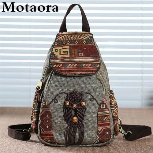 Motaora Handmade Backpack Womens Vintage Canvas Backpacks National Style Geometrical Printed Bag Female Simple Travel Backpack