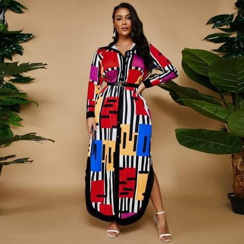 ZJFZML ZZ Women Clothing Dresses Plus Size Color Block Striepd Print Blouse Dress Side Split Shirt Robe Dropshipping Wholesale