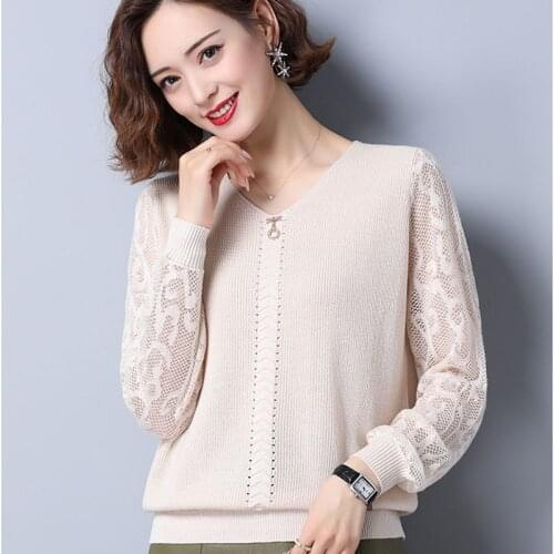 2021 new spring and autumn lace long-sleeved hollow knit sweater loose western style hedging all-match solid color top women