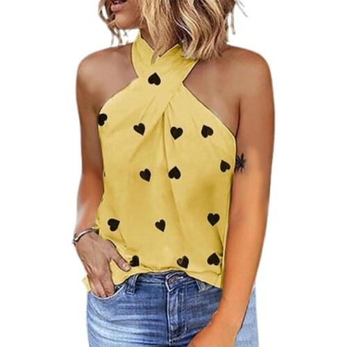 50% Hot Sales!! Sexy Women Vest Sleeveless Heart Printed Back Zipper Halter Blouse T-shirt for Daily Wear