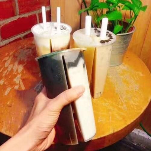 50pcs Transparent double disposable plastic cup with holder steak cup 700ml creative coffee milk tea cold drink cup with lid