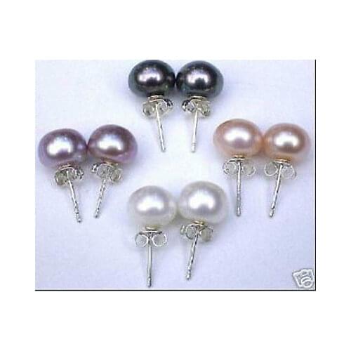 Free shipping 4pair Multicolor fresh water pearl Stud Earrings 8mm