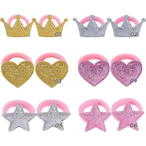 2pcs Shiny Glitter Elastic Hair Band Heart Star Hair Tie Kids Girls Korean Hair Rope Crown Kawaii Kids Rabbit Hair Accessories