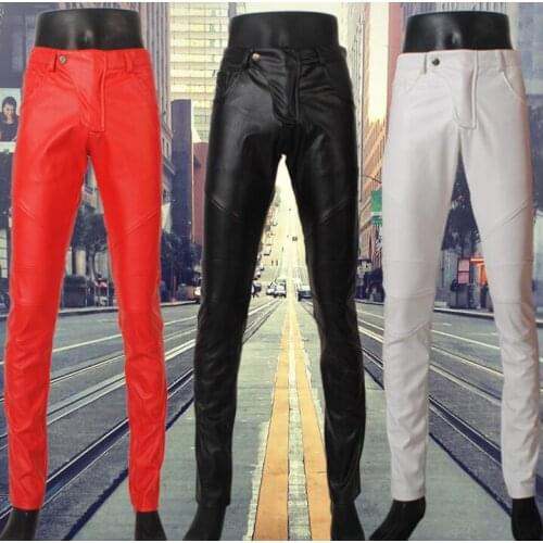 Splice faux leather pants mens feet pants fashion motorcycle pu trousers for men personality pantalon homme thin black white red
