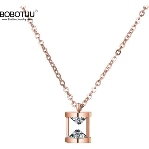 BOBOTUU Funnel Shape Pendant Necklace AAA CZ Stainless Steel Jewelry Rose Gold Color Chain Valentines Day Present BN18266