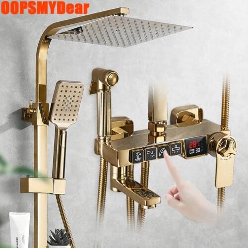 Golden Digital Shower System Bathroom Smart Thermostatic Shower Set Wall Mount Hot Cold Mixer Bath Faucet SPA Rain Fall Gold Tap