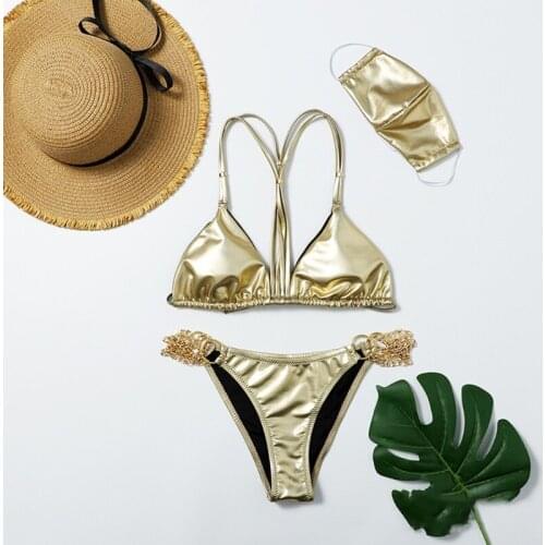 Women Sexy Shiny Metallic Faux Leather Bikini Set with Face Mask Chain Swimsuit U7EF