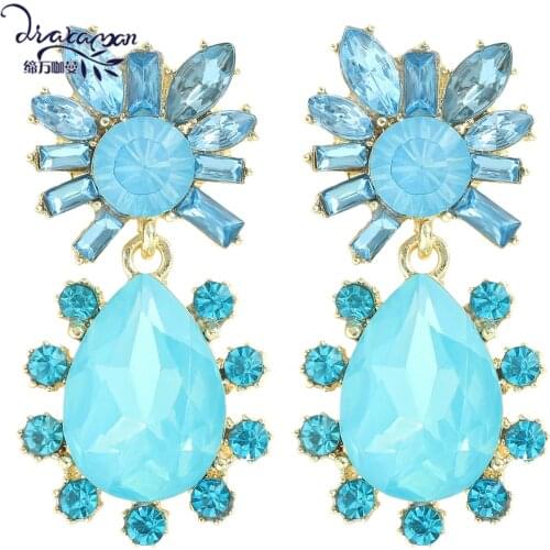 Dvacaman Transparent Blue Rhinestone Water Drop Earrings for Women Fashion Colorful Crystal Dangle Earrings Jewelry Accessories