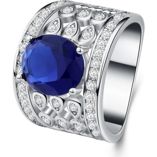 Hainon Authentic Silver Color Finger Rings with Oval Blue Ring Cubic Zirconia Crystal Wide Hollow Ring For Women Wedding Jewelry