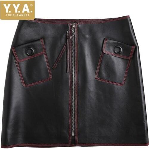 Fashion Lady Real Leather Short Skirts Elegant Office Front Zipper A-Line Wrap Skirt Street Casual Sheepskin Mini Skirt M-2XL