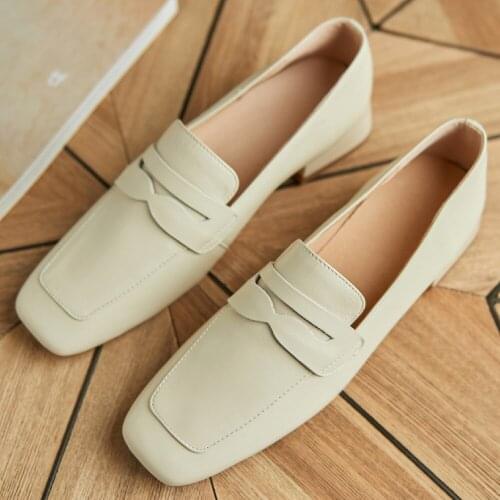 Womens genuine leather slip-on flats loafers leisure soft comfortable moccasins square toe casual daily female footwear shoes