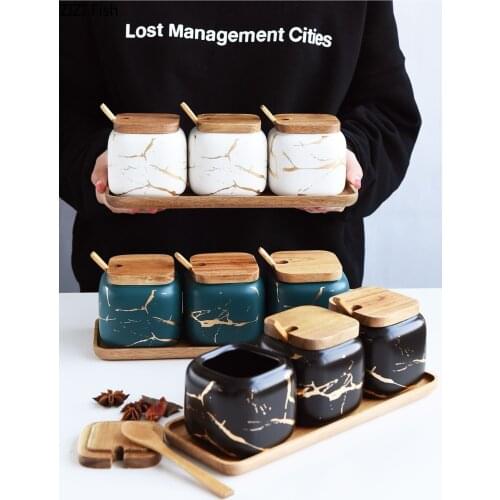 Creative Nordic Style Marble Pattern Ceramic Kitchen Seasoning Tank Set Wooden Cover Salt Shaker Spice Jar Kitchen Accessories