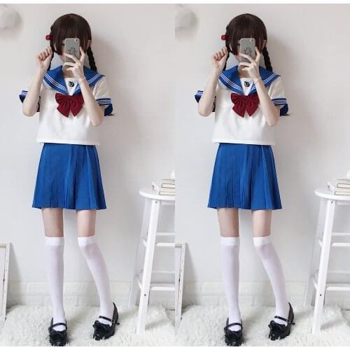 2019 new Japanese school uniforms sailor tops+tie+skirt Navy style Students clothes for Girl Plus size Lala Cheerleader clothing