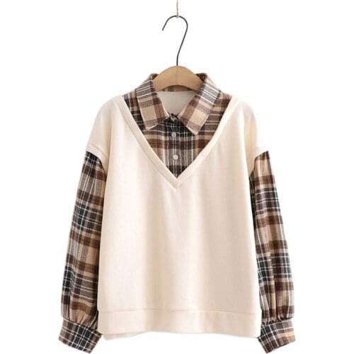 2021 Autumn Women Blouse Long Sleeve Turndown Collar Female Fake Two Pieces Plaid Patchwork Blusa Tops Blusas De Mujer