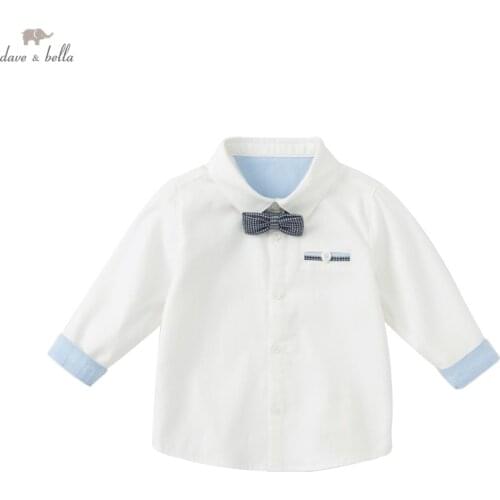 DB18567 dave bella autumn fashion baby boys removable bow solid shirts infant toddler tops children high quality clothes