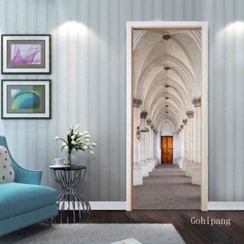 Pvc Mural Paper Print Art 3D Corridor Landscape Architecture Door Stickers Home Decor Picture Self Modern Waterproof for Bedroom