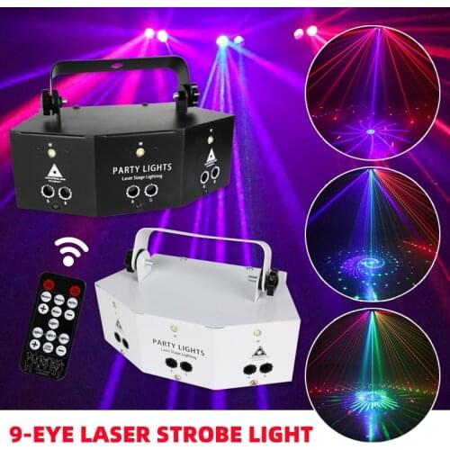 LED Disco Laser Light DMX512 9 Eyes RGBW Stage Lighting Effect for DJ Club Bar Decoration Party Lights Projector Lamp