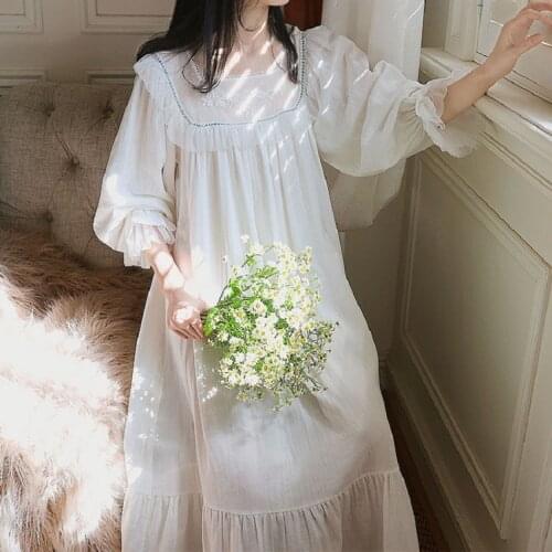 Vintage White Cotton Womens Long Nightgowns Long Sleeve Loose Sleepwear Elegant Female Night Dress Home Wear