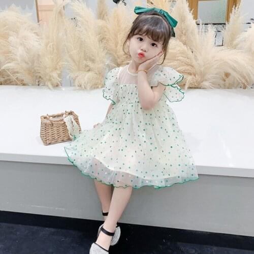 Polka Dot Green Lace Party Short Girl Dress Cotton Tulle Lace Cute Pink Princess Girls Dress Flower Robe Enfant Children BW50DR
