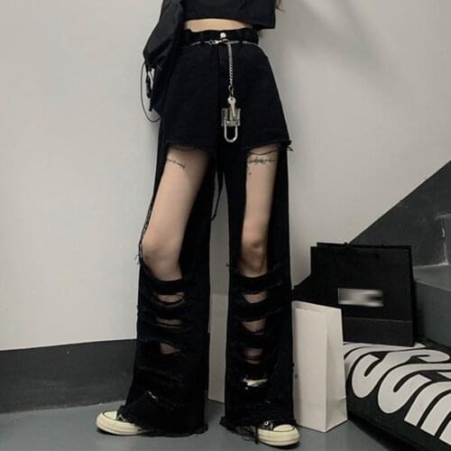 Rosetic Gothic Fashion Design Ripped Jeans Women Trousers Streetwear Black Hole Cool Punk Summer Casual Wide Leg Pants 2021 HOT