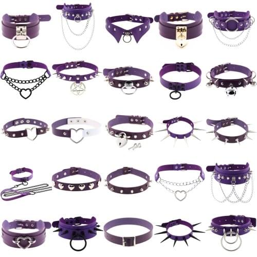Punk Gothic purple Pu Leather Heart Cross Round Choker chains Necklaces For Women Spike Rivet neck goh Jewelry Collar pendant