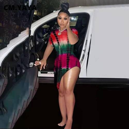 CM.YAYA Women Midi Dress Tie Dye Print Short Sleeve O-neck Sheath Elastic Asymmetrical Dresses Sexy Fashion Vestidos Summer