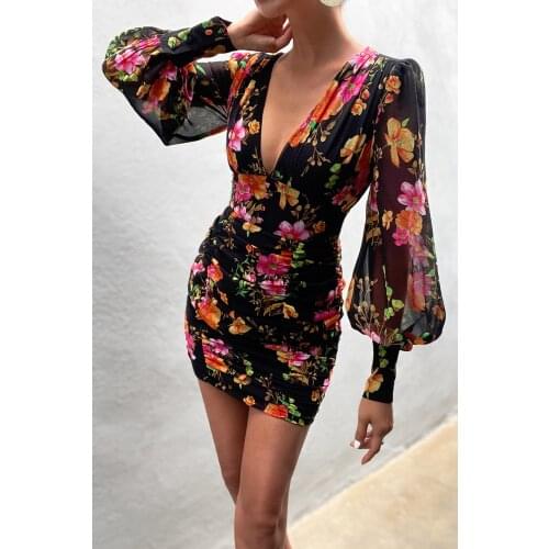 New Autumn Printed Slim Fit Wrapped Chiffon Long Sleeve Dress 2021 Sexy Ladies Floral Dress Orange V-neck Sexy Temperament Dress