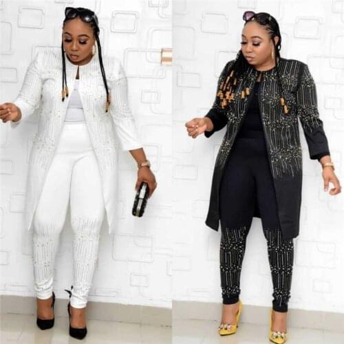 African Dashiki Clothes for Women Shinny Glitter Sequins Long Sleeve Long Sleeve Coat Vest Pants Suit 3 Piece Outfits Fashion
