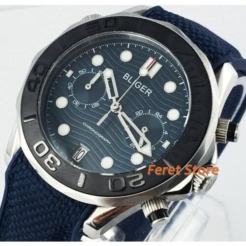 Bliger new 41mm silver case sapphire crystal black ceramic bezel blue dial date rubber strap chronograph top quartz mens watch
