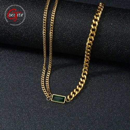 Goxijite Gold Combination Necklace Stainless Steel Green Zircon Cuban Chain Ladies Choker Necklaces Blessing Jewelry Gift