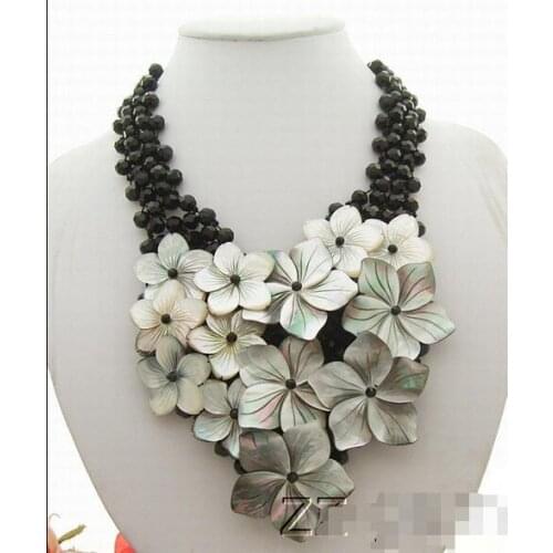 Black Crystal&Shell Flower Necklace-Onyx Toggle Clasp>free shipping