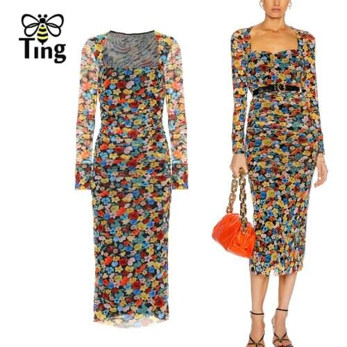 Tingfly 2021 New Hit Floral Aesthetic Bodycon Sheath Midi Long Dress Women Party Dinner Cocktail Dresses Elbise Bayan Designer