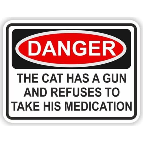 Hot New Creative Car Sticker THE CAT HAS A GUN AND HE REFUSES MEDICATION Car Decals PVC 13CM*9CM Vinyl Motorcycl
