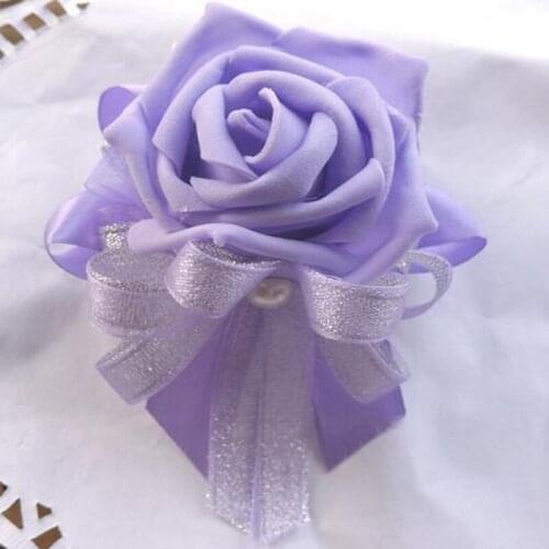 Handmade PU Prom Bride Boutonniere Artificial Rose Wrist Corsage Flower Wedding Dancing Decor Pearl Bracelet Purple F88