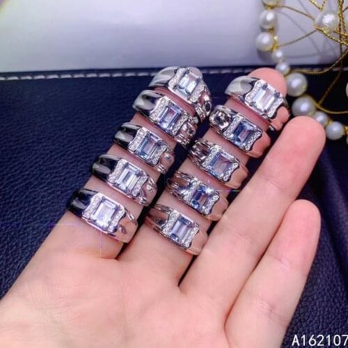 Fine Jewelry 925 Sterling Silver Inset With Natural Gemstone Mens Popular Noble Rectangle Aquamarine Adjustable Ring Support Te