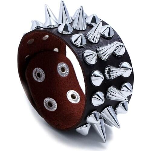 Jessingshow Wide Leather Spike Studded Rivet Biker Bangle Cuff Bracelet Punk Rock Black Adjustable Wristband 40mm Men Jewelry