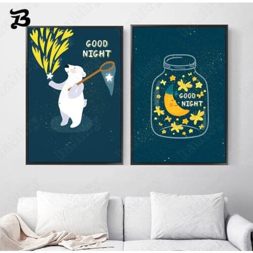 Canvas Painting White Bear Star Moon Cartoon Posters and Prints Wall Art Good Night Wall Pictures for Baby Boy Girl Room Decor