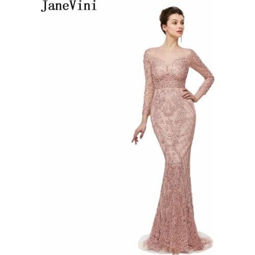 JaneVini Luxury Mermaid Mother of The Bride Dresses Lace Long Sleeve Beading Illusion Back Tulle Sweep Train Evening Party Gowns