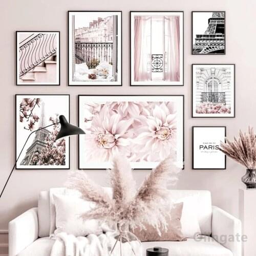Wall Art Canvas Painting Pink Flowers Paris Windows Balcony Tower Nordic Prints And Posters Picture Modern Home Decoration Gift