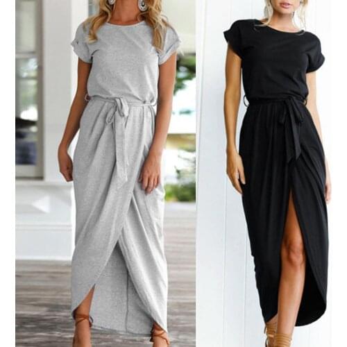 Sexy Dresses Summer Short Sleeve Women Dress Solid Color All Match Irregular Hem Front Split Beach Maxi Dress Sundress Vestidos