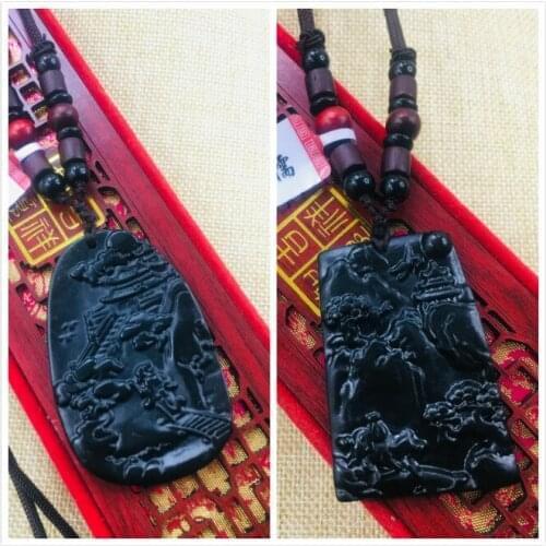 Natural Hetian Black Jade Handmade Carved Black Guan Gong Mage Pendant with Necklace Variety of Men and Women Sweater Chain