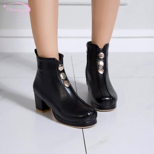 Casual style round toe ankle boots fashion rivets zipper platform black white apricot high heel thick riding boots womens shoes