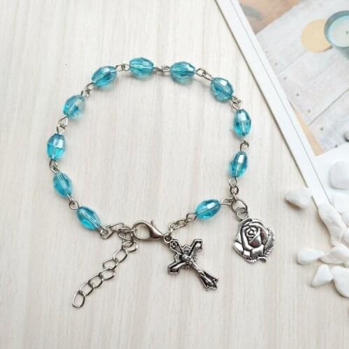QIGO Religious Jewelry Metal Cross Rose Blue Crystal Rosary Bracelet For Women Gifts