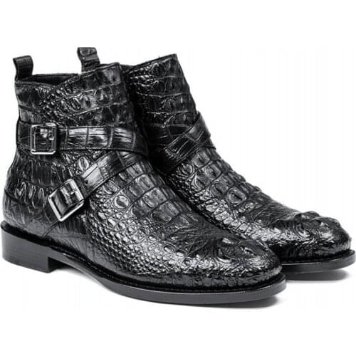 Luxury Brand Crocodile Leather Shoes Men Autumn Zip Flat Ankle Boots British Style Black Office Genuine Leather High-Top Boots